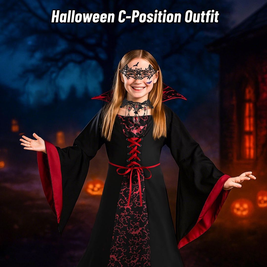 Vampirski kostum za dekleta - komplet z obleko in dodatki, velikost 130 - naklikaj.si