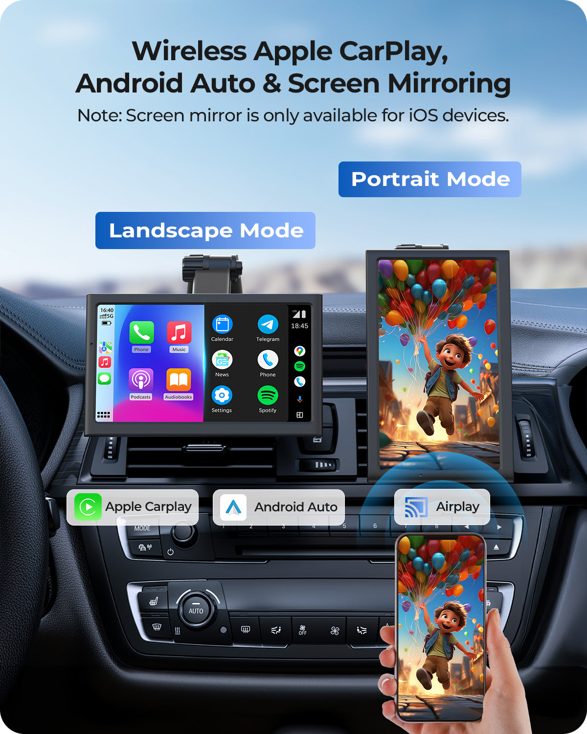 Krunia 7" prenosni pametni avtomobilski zaslon za Apple CarPlay in Android Auto