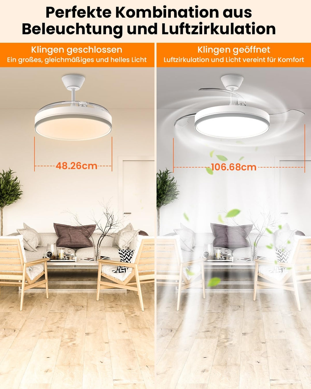Stropni ventilator z zložljivimi krili in LED osvetlitvijo – 106 cm