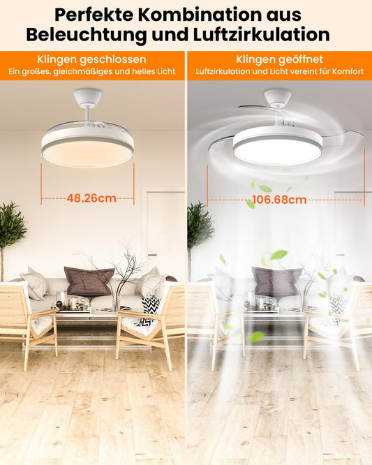 Stropni ventilator z zložljivimi krili in LED osvetlitvijo – 106 cm