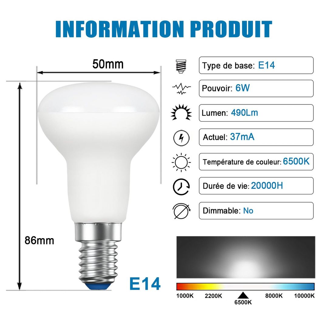 Komplet 6 LED sijalk EXTRASTAR R50, hladno bela 6500K, E14, 6W