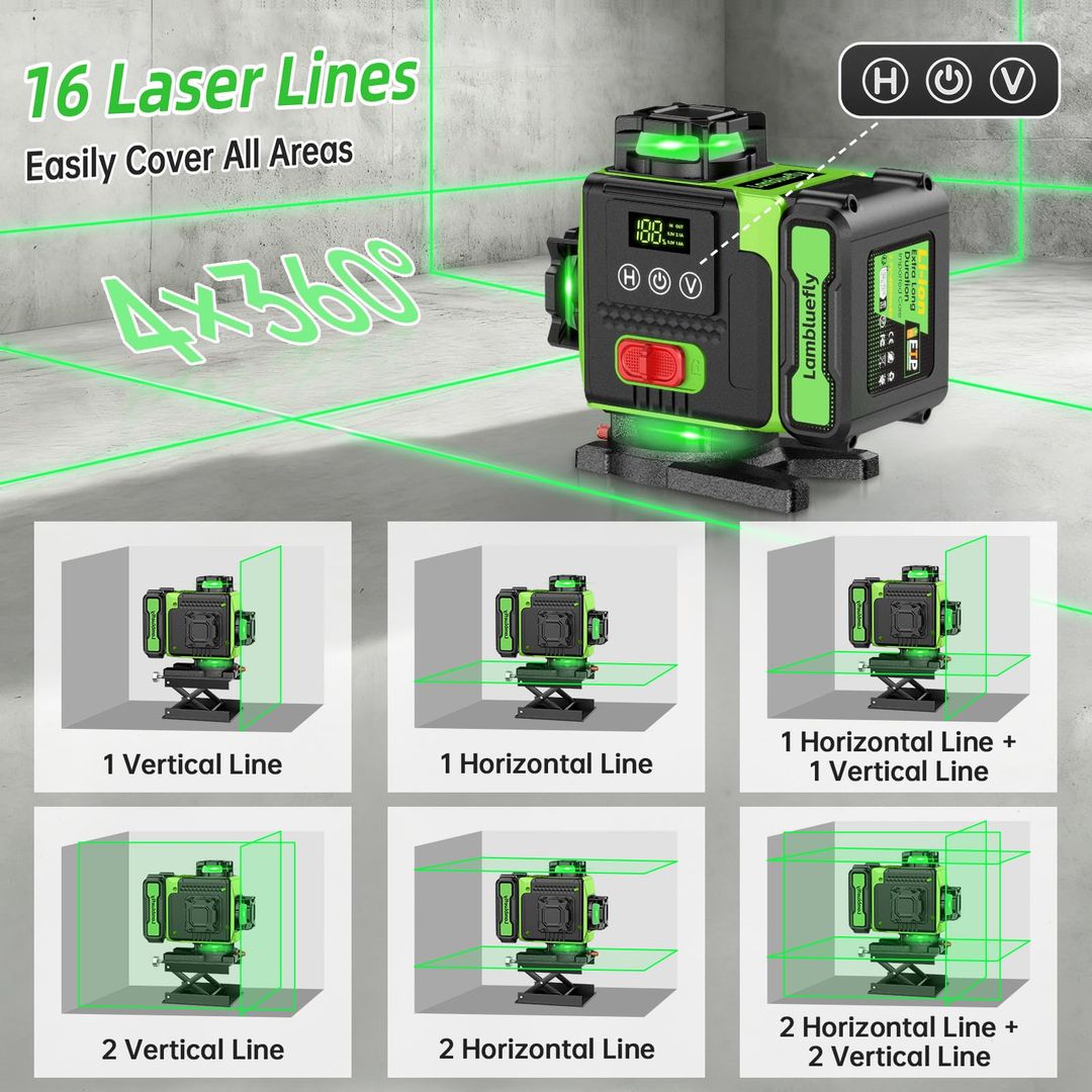 4D laserski nivelir 16-linijski 360° samonivelirni s stativom in aplikacijo, 2x baterija
