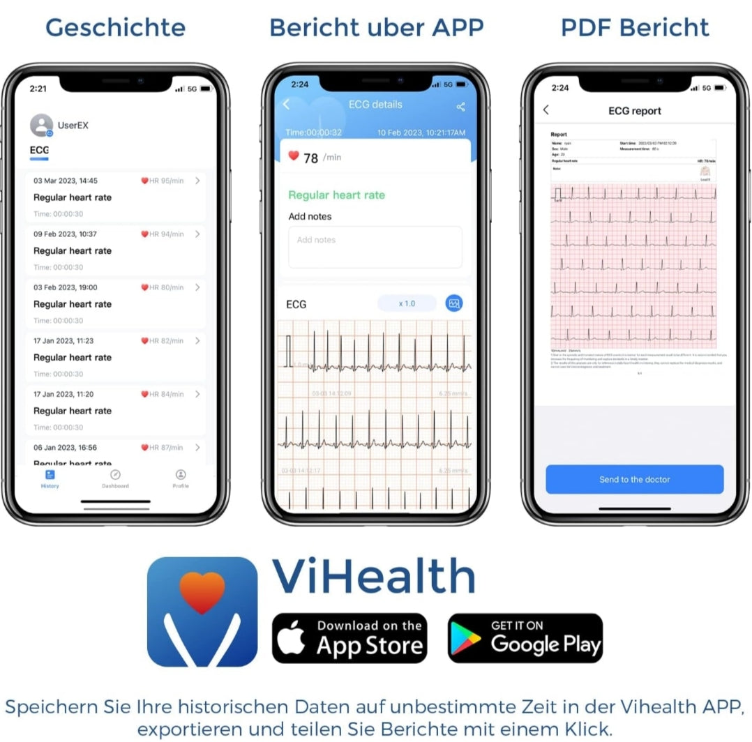 Profesionalni prenosni EKG merilnik z Bluetooth povezavo Naklikaj.si prikazuje srčni utrip 78 in EKG valovanje na zaslonu. Priklopljeni sta rdeča in bela elektrodna žica za preprosto spremljanje ritma kjerkoli.