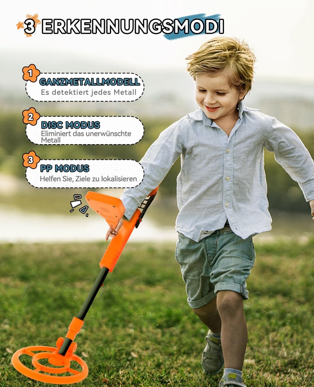 SUNPOW otroški detektor kovin – vodoodporen, nastavljiv in enostaven za uporabo (5–12 let)