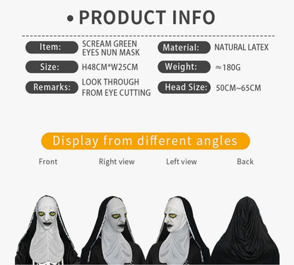 Grozljiva pustna maska nune z zelenimi očmi