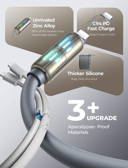 LISEN 4-v-1 večnamenski polnilni kabel 240W – 2m, Type-C / USB-A / Lightning
