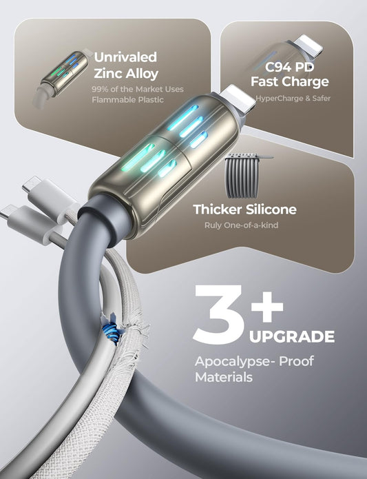 LISEN 4-v-1 večnamenski polnilni kabel 240W – 2m, Type-C / USB-A / Lightning