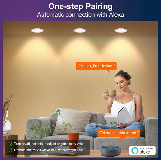 💡4x Dusktec RGB+CCT+Alexa LED smart recessed light 7W (92mm) – white