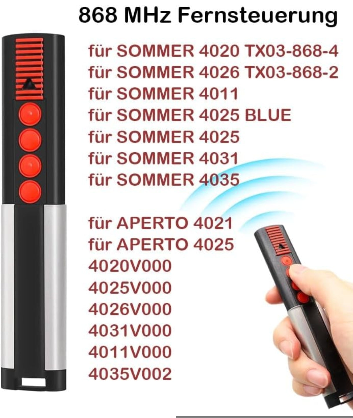2x daljinec za garažna vrata SOMMER / APERTO – 868 MHz (4 gumbi, drsni pokrov)