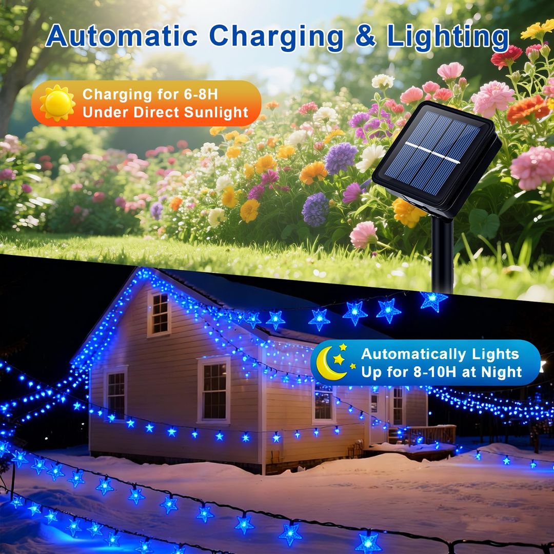 Solarne zunanje LED verige z zvezdicami, 50 LED, 8 načinov