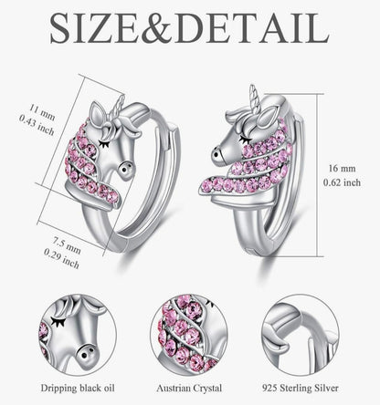 💎Children's unicorn earrings - 925 silver, Swarowski pink crystals