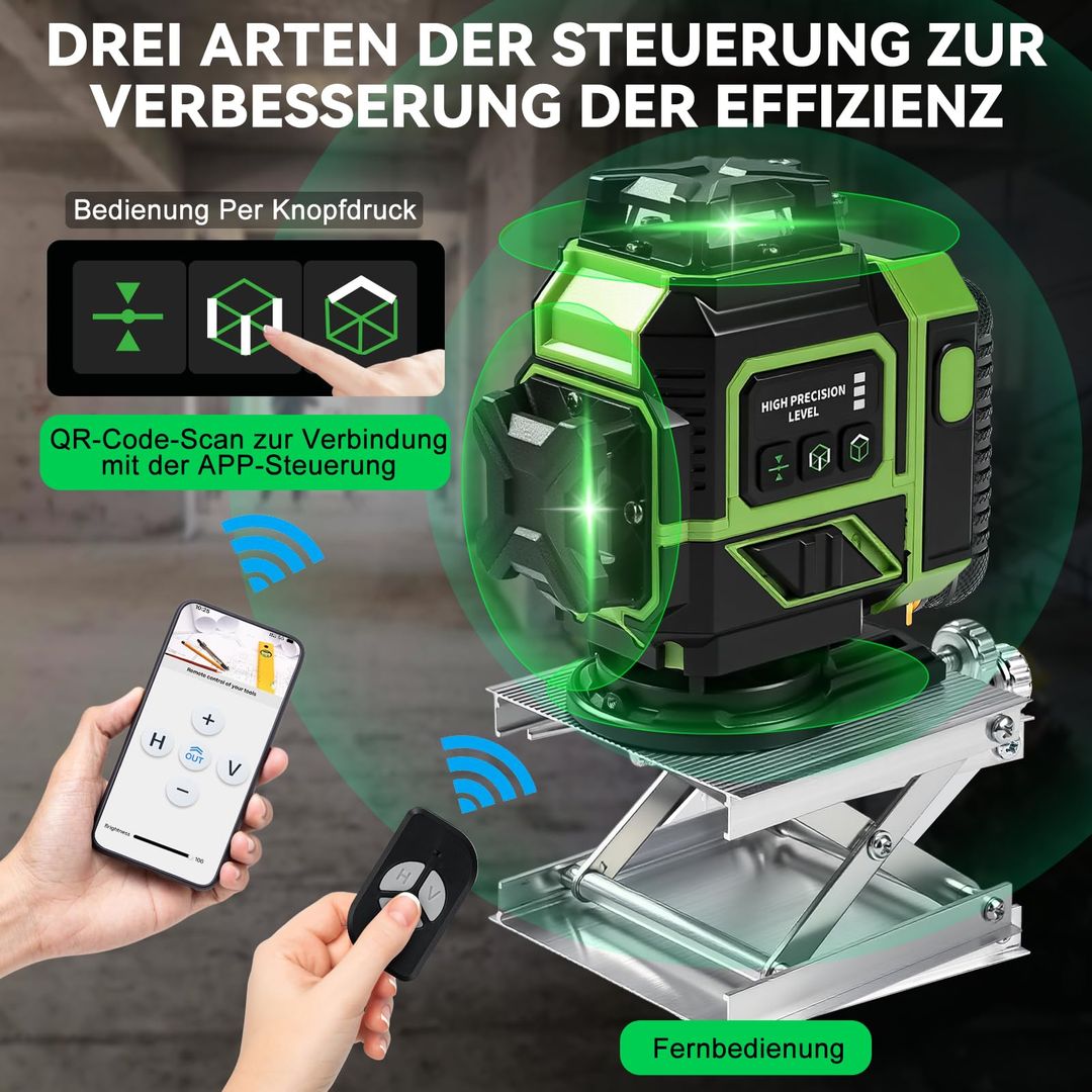Gradbeni laser 4x360° z zelenim žarkom, aplikacija, daljinec, 2x baterija, stojalo