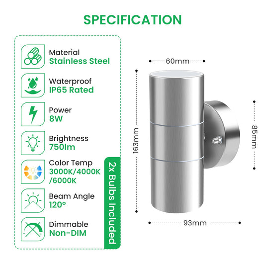 💡 ALUSSO zunanja LED stenska svetilka – 8W, 3000K-6500K, 750 lm, IP65, srebrna
