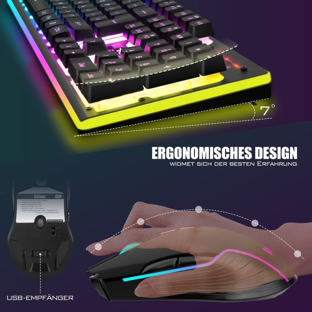 RedThunder brezžični gaming RGB  komplet – tipkovnica + miška (2.4 GHz, Li-On baterija)