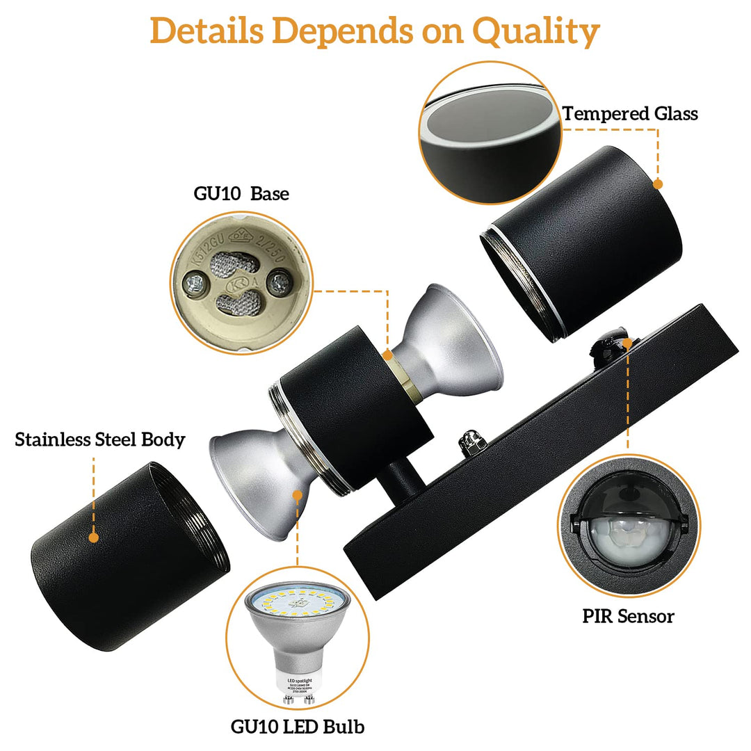 💡 LED Außenwandleuchte mit Bewegungsmelder, 6000K, 2x5W - schwarz