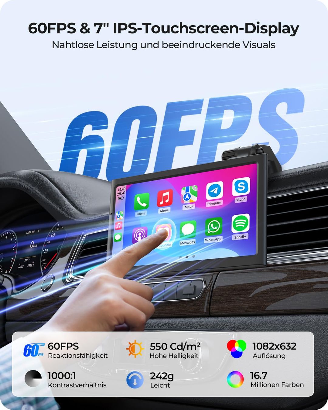 KRUNIA 7" brezžični prenosni zaslon za Apple CarPlay & Android Auto - naklikaj.si