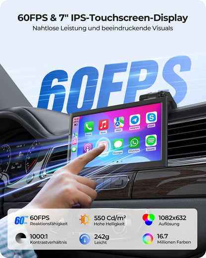 KRUNIA 7" brezžični prenosni zaslon za Apple CarPlay & Android Auto - naklikaj.si