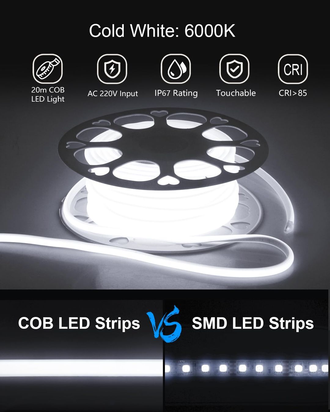 20m COB LED neon trak 6000K, IP67, 230V