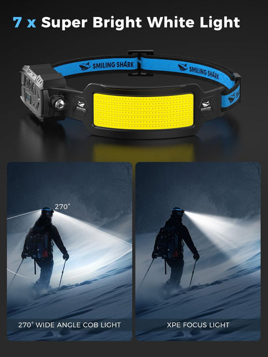 Polnilna naglavna LED svetilka Smiling Shark s senzorjem gibanja