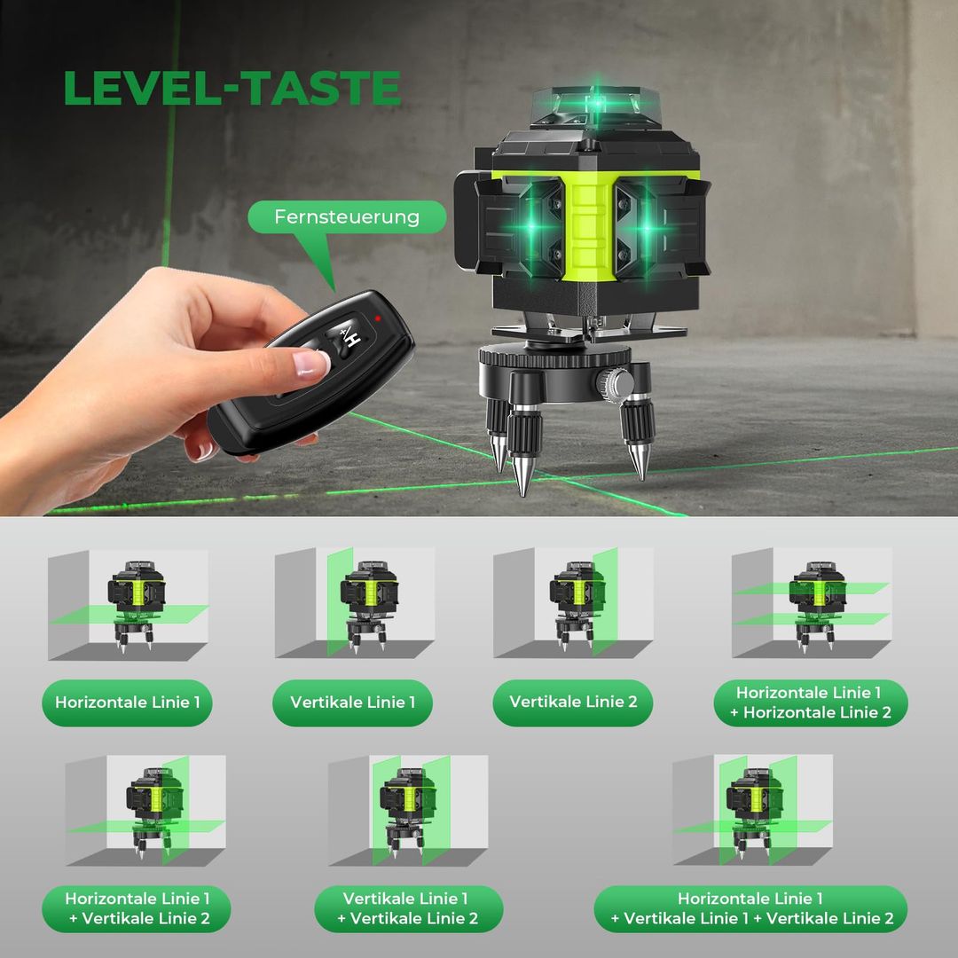 Gradbeni laser 4x360°, 2x baterija s stojalom in dodatki - zelen žarek