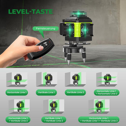 Gradbeni laser 4x360°, 2x baterija s stojalom in dodatki - zelen žarek