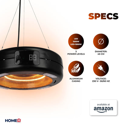 HOME IT viseči zunanji grelec – aluminij, karbonska cev, 1500 W, LED osvetlitev, daljinec