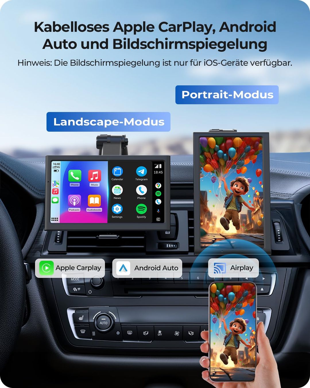 KRUNIA 7" brezžični prenosni zaslon za Apple CarPlay & Android Auto - naklikaj.si