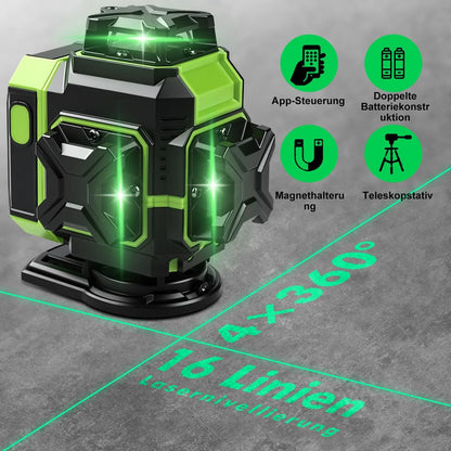 Gradbeni laser 4x360° z zelenim žarkom, aplikacija, daljinec, 2x baterija, stojalo