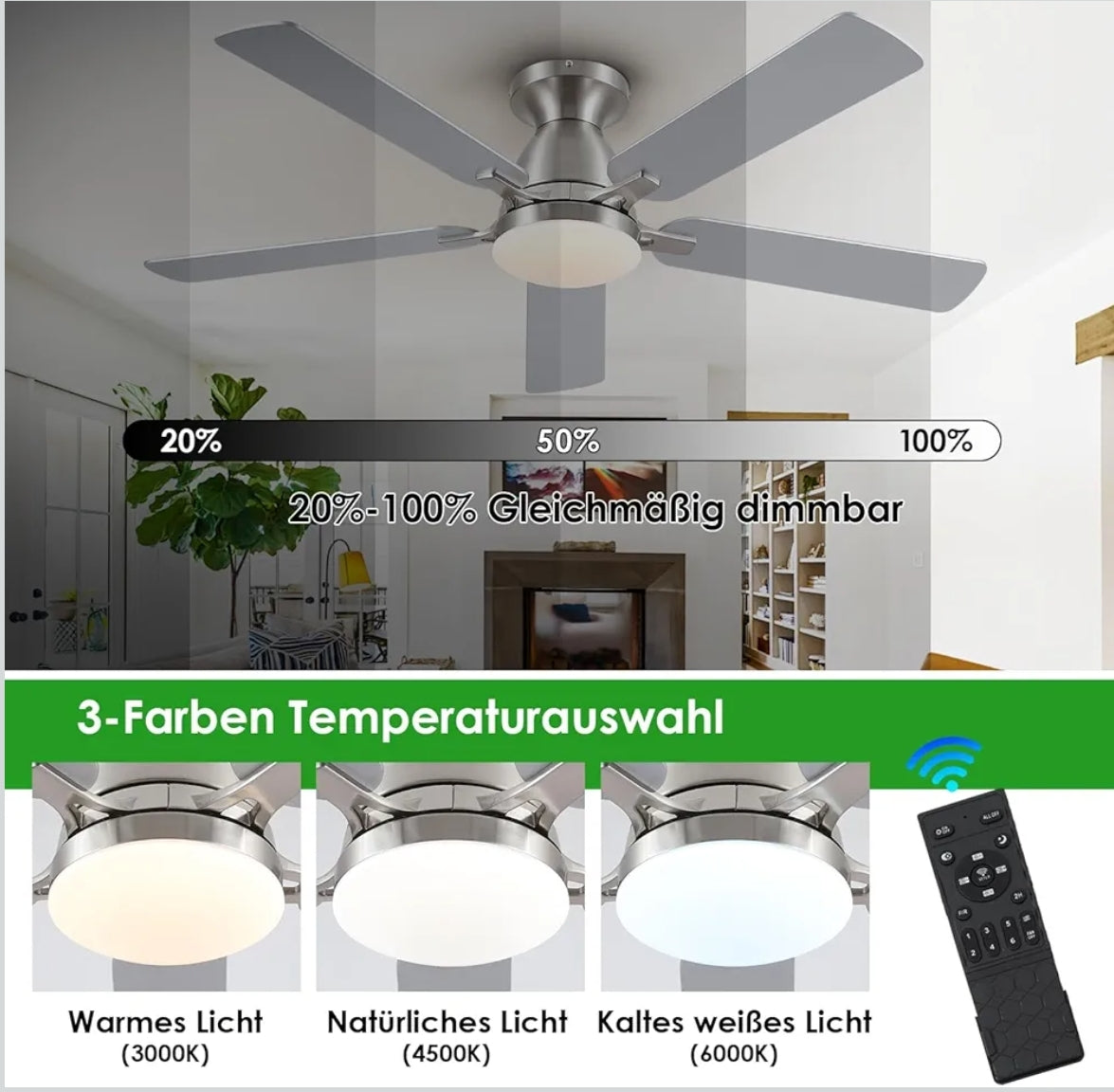 Shanggu stropni ventilator z lučjo (nikelj) - 132 cm, daljinec, aplikacija - naklikaj.si
