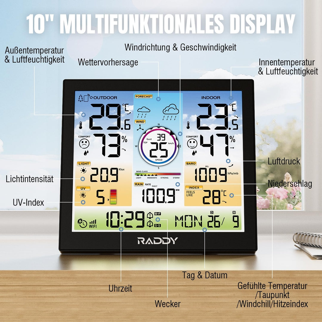 Raddy WF-120C WiFi vremenska postaja – 10" barvni zaslon, zunanji 7-v-1 senzor, garancija