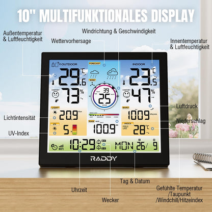 Raddy WF-120C WiFi vremenska postaja – 10" barvni zaslon, zunanji 7-v-1 senzor, garancija