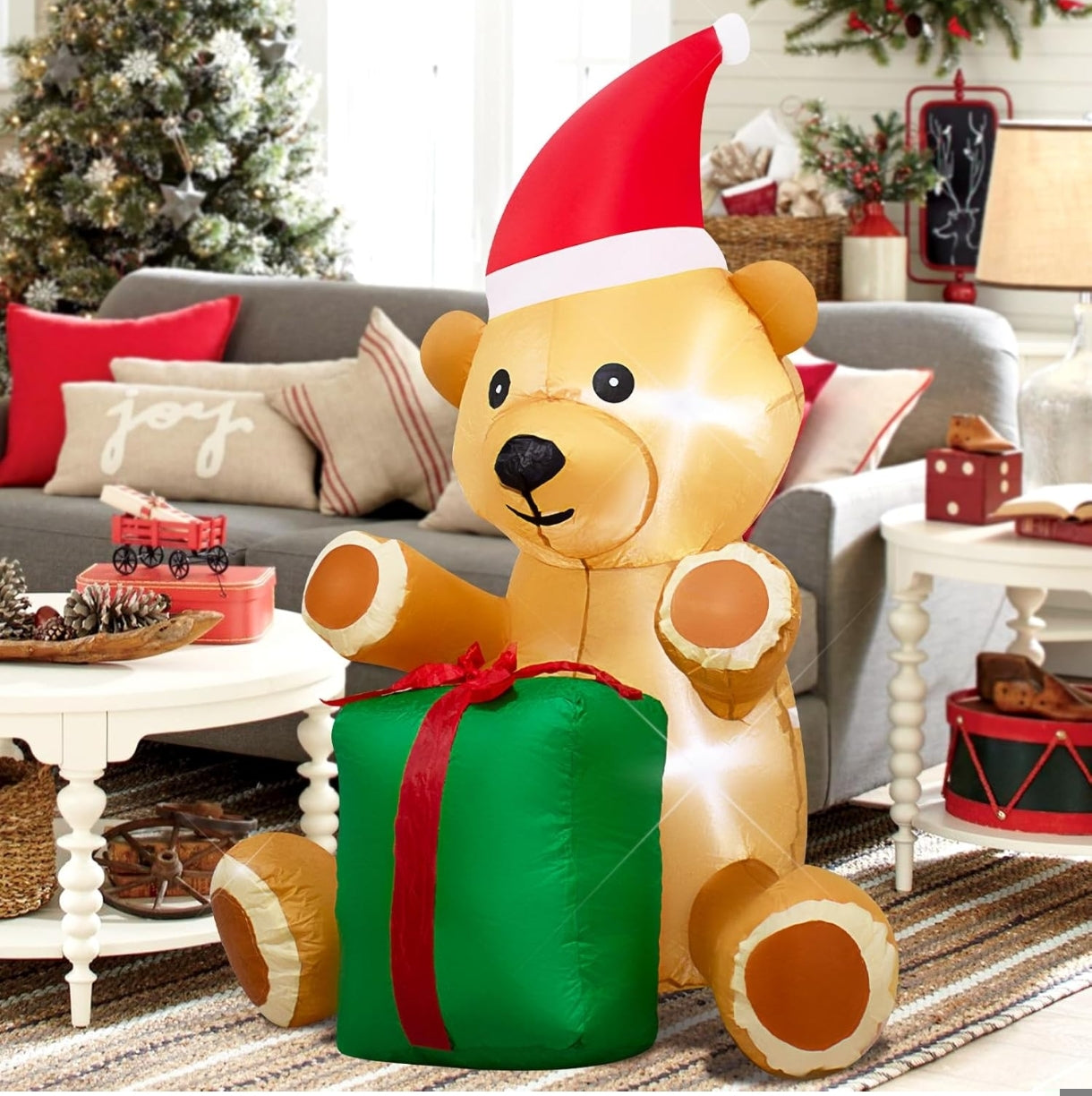 Napihljiv božični medved z darilom – tkanina Oxford, notranja LED osvetlitev, višina 122 cm
