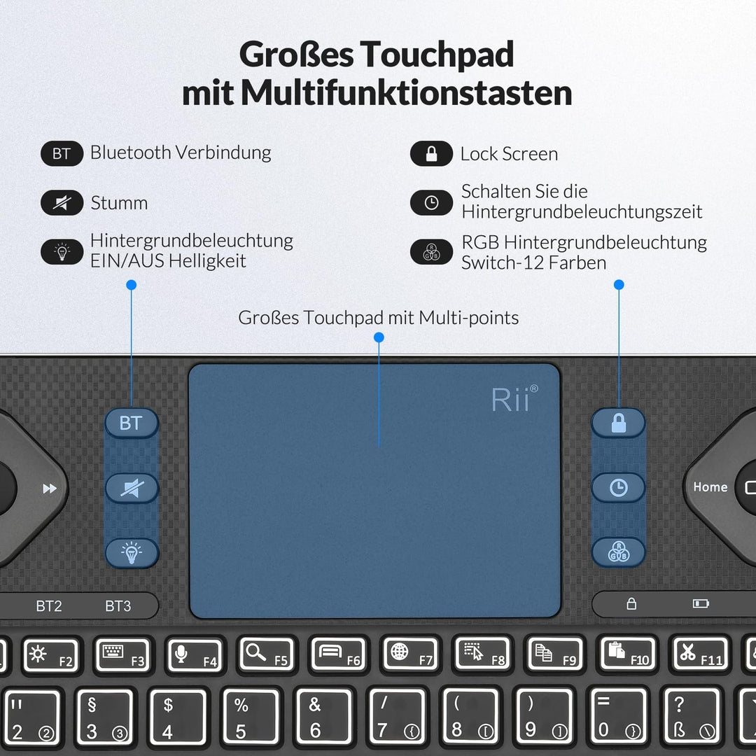 Rii brezžična Bluetooth tipkovnica s touchpad in RGB osvetlitvijo