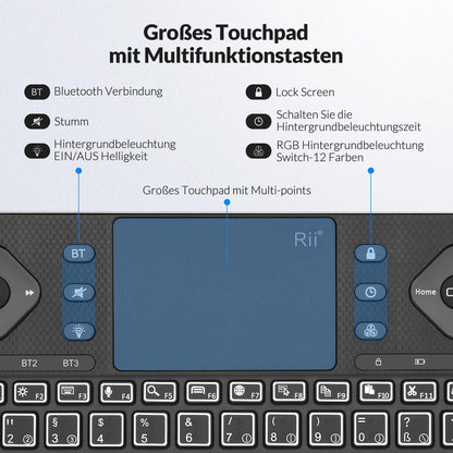 Rii brezžična Bluetooth tipkovnica s touchpad in RGB osvetlitvijo
