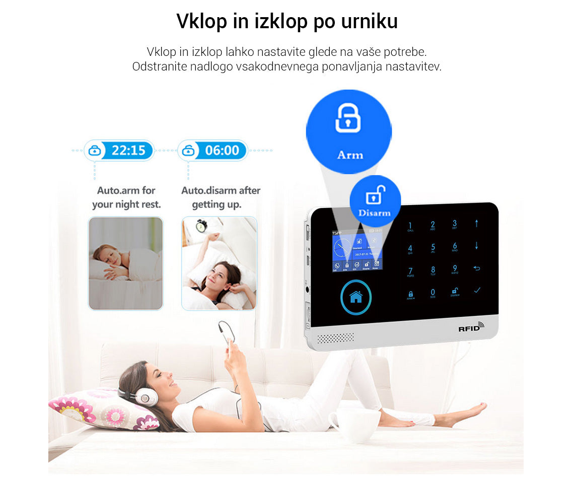 Naklikaj.si PGST pametni brezžični alarmni sistem Wi-Fi + GSM (RFID, aplikacija Tuya) vključuje ploščo z zaslonom na dotik, 2 črna ključa, 2 daljinca, 3 senzorje gibanja, 6 senzorjev vrat/oken, gumb SOS, sireno, napajalnik in baterijo LiOn.