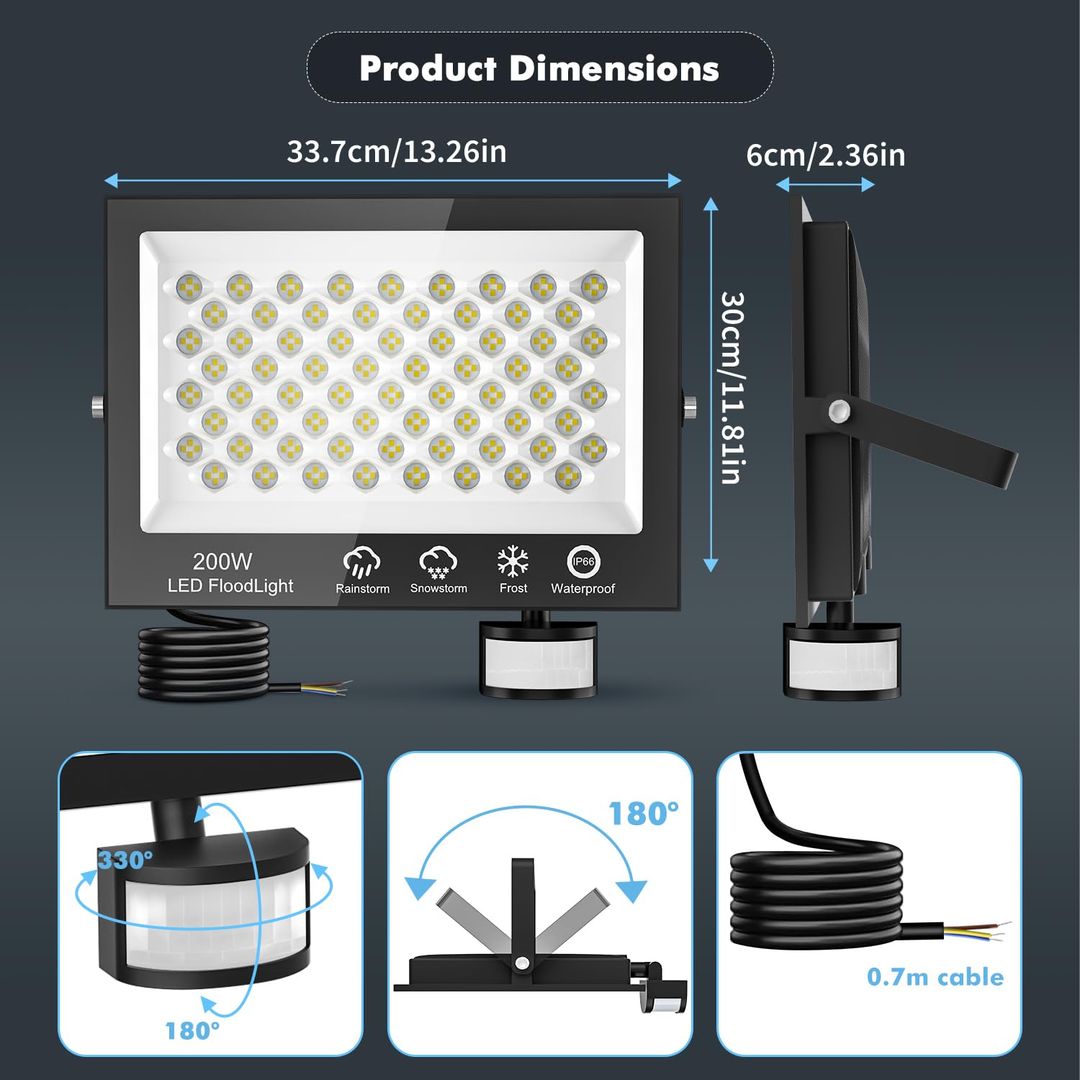 200W LED reflektor s senzorjem gibanja in daljincem, IP66, 6500K bela svetloba