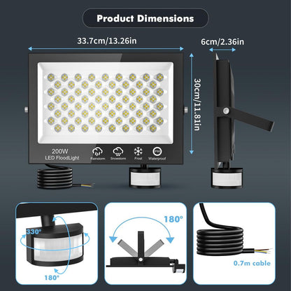 200W LED reflektor s senzorjem gibanja in daljincem, IP66, 6500K bela svetloba