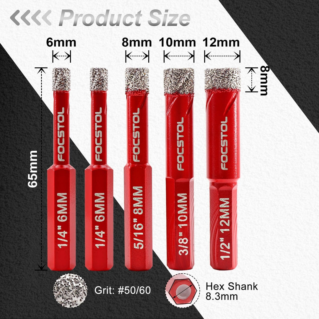 FOCSTOL komplet 6/6/8/10/12 mm – diamantni svedri za keramiko, porcelan, marmor in granit (5-delni)