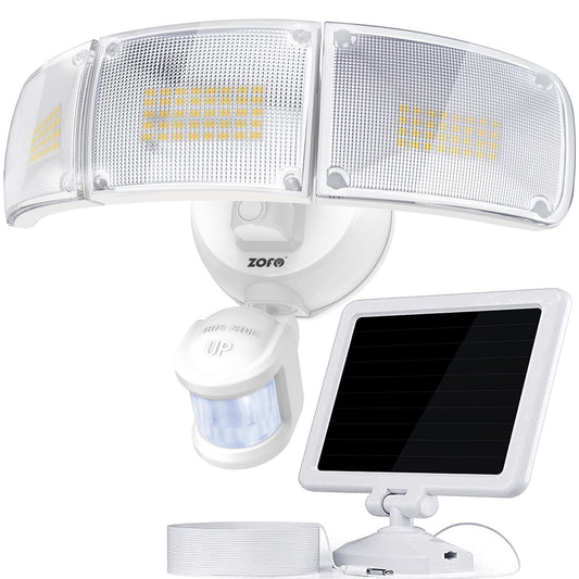 ZOFO solarni LED reflektor s senzorjem gibanja proizvajalca Naklikaj.si ponuja 2300LM svetilnosti, vodoodpornost IP65 in svetlobo 5000K. S tremi nastavljivimi paneli in ločenim solarnim panelom zagotavlja zanesljivo zunanjo varnostno osvetlitev.
