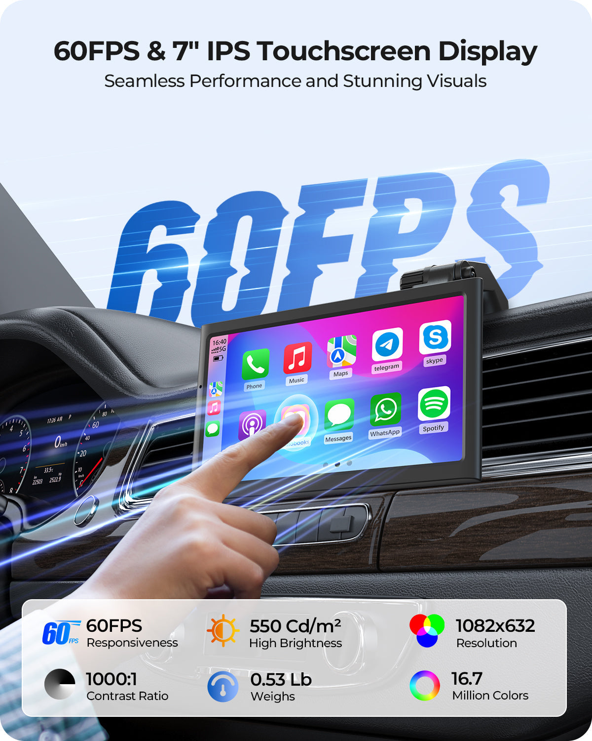 Krunia 7" prenosni pametni avtomobilski zaslon za Apple CarPlay in Android Auto