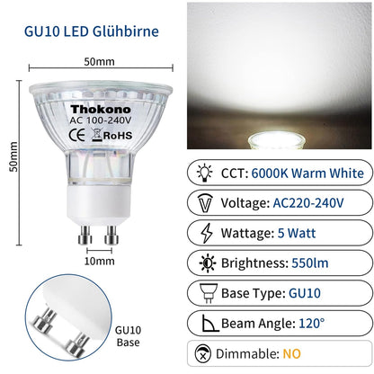 💡10x Thokono GU10 LED žarnice – 6000K, 5W, 550 lm