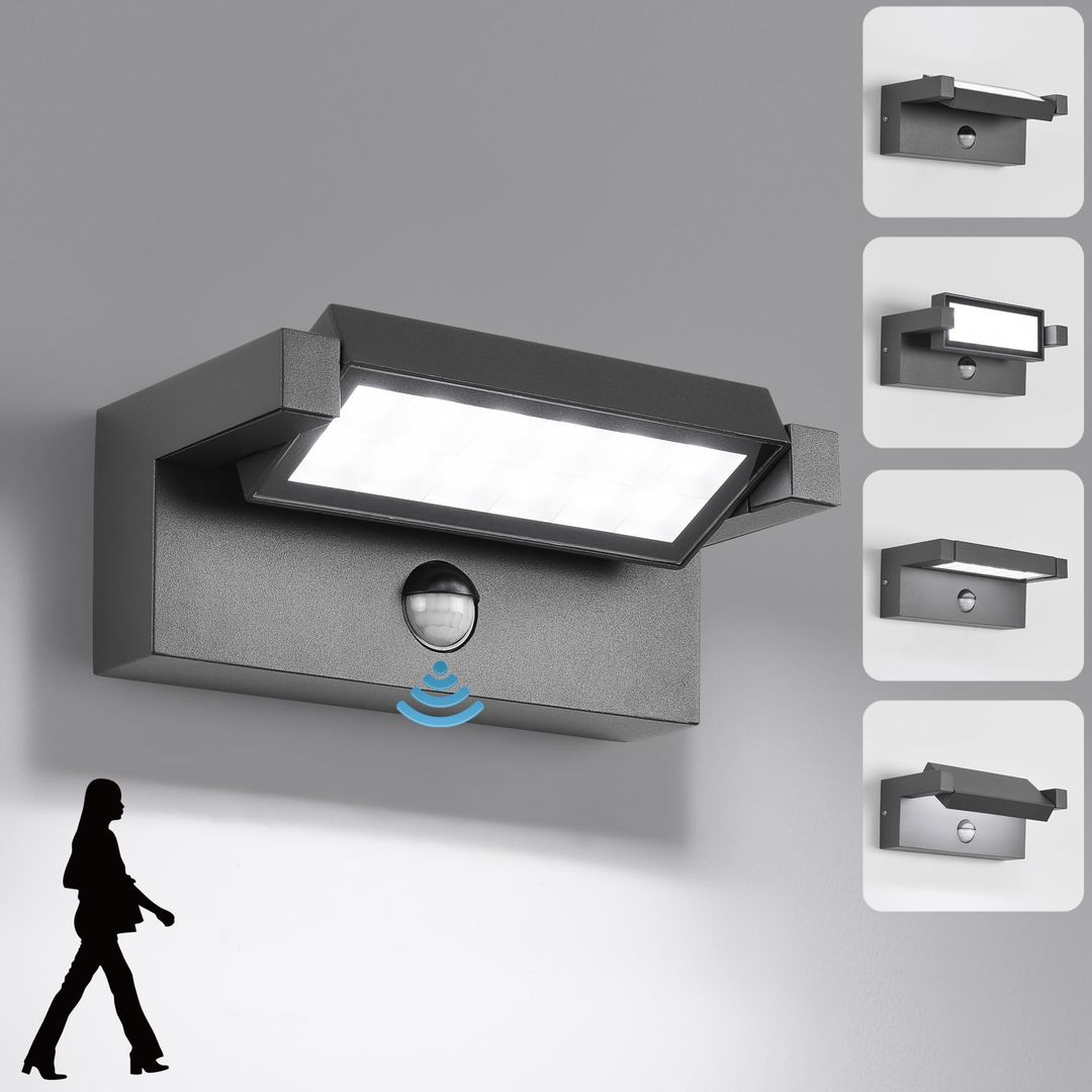 LED zunanja stenska svetilka s senzorjem gibanja, 22W, 6500K, IP65, antracit