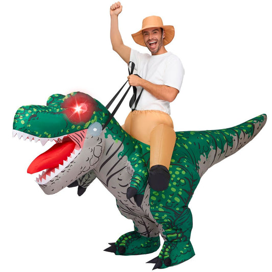 Napihljiv kostum T-Rex za odrasle s svetlečimi očmi - zelen (neoriginalna embalaža)
