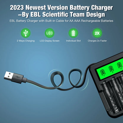 🔋 EBL Smart Charger + 8×3000mah Batteries – LCD Display, USB Power Supply