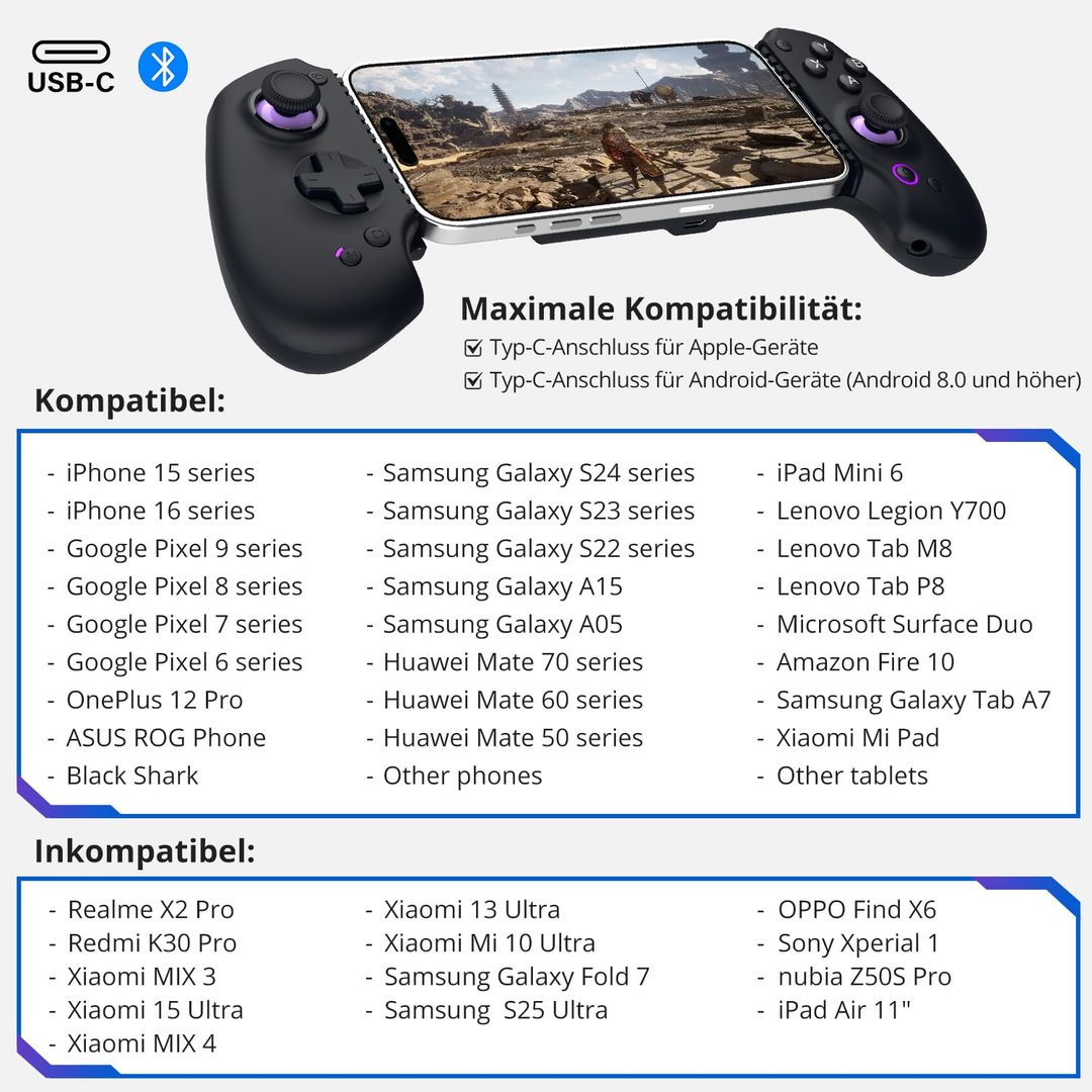 Igralni kontroler za telefon, Hall Effect joystick, Bluetooth, USB-C - Android, Apple