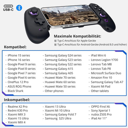 Igralni kontroler za telefon, Hall Effect joystick, Bluetooth, USB-C - Android, Apple
