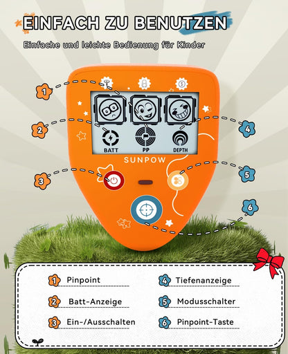 SUNPOW otroški detektor kovin – vodoodporen, nastavljiv in enostaven za uporabo (5–12 let)