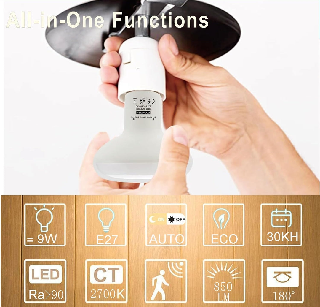 KOOYWAN BR30 pametna LED žarnica z radar senzorjem gibanja (2 kosa) – 9W, toplo bela 2700K
