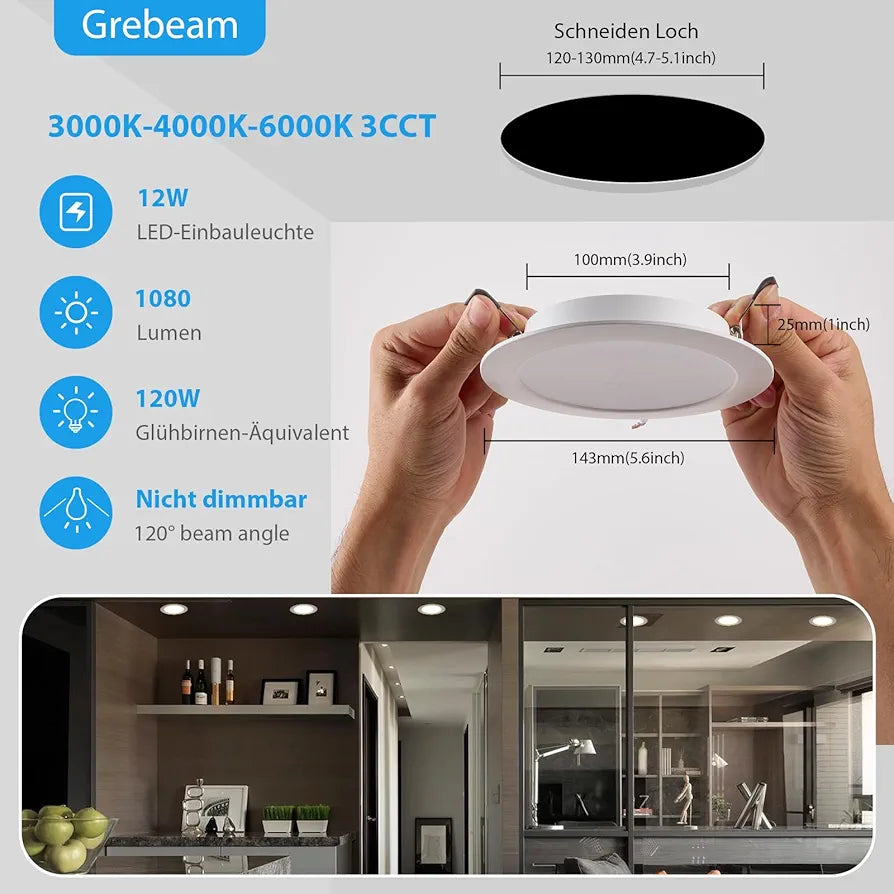 💡 12x Grebeam LED recessed light 12W (143mm) – white, IP65