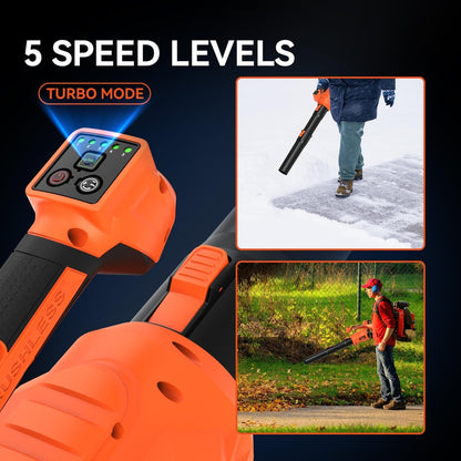 BRAVOLU baterijski pihalnik listja – 2× baterija 5200 mAh, 5 hitrosti + TURBO način 350km/h